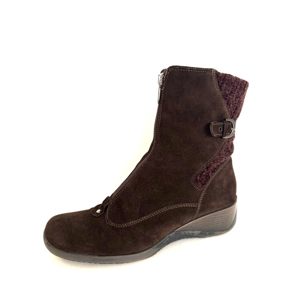 Aquatalia Shoes - Aquatalia Mia Brown Suede Boots 9 Zip-Front Knit Cuff Low Wedge Heel Booties